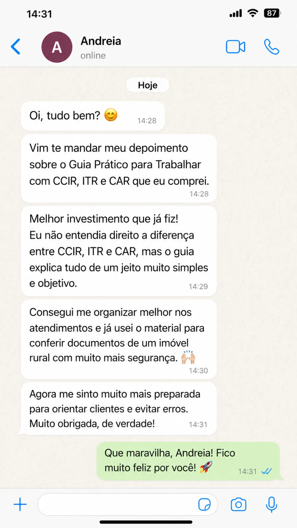 Print de depoimento de Andreia sobre o guia CCIR, ITR e CAR