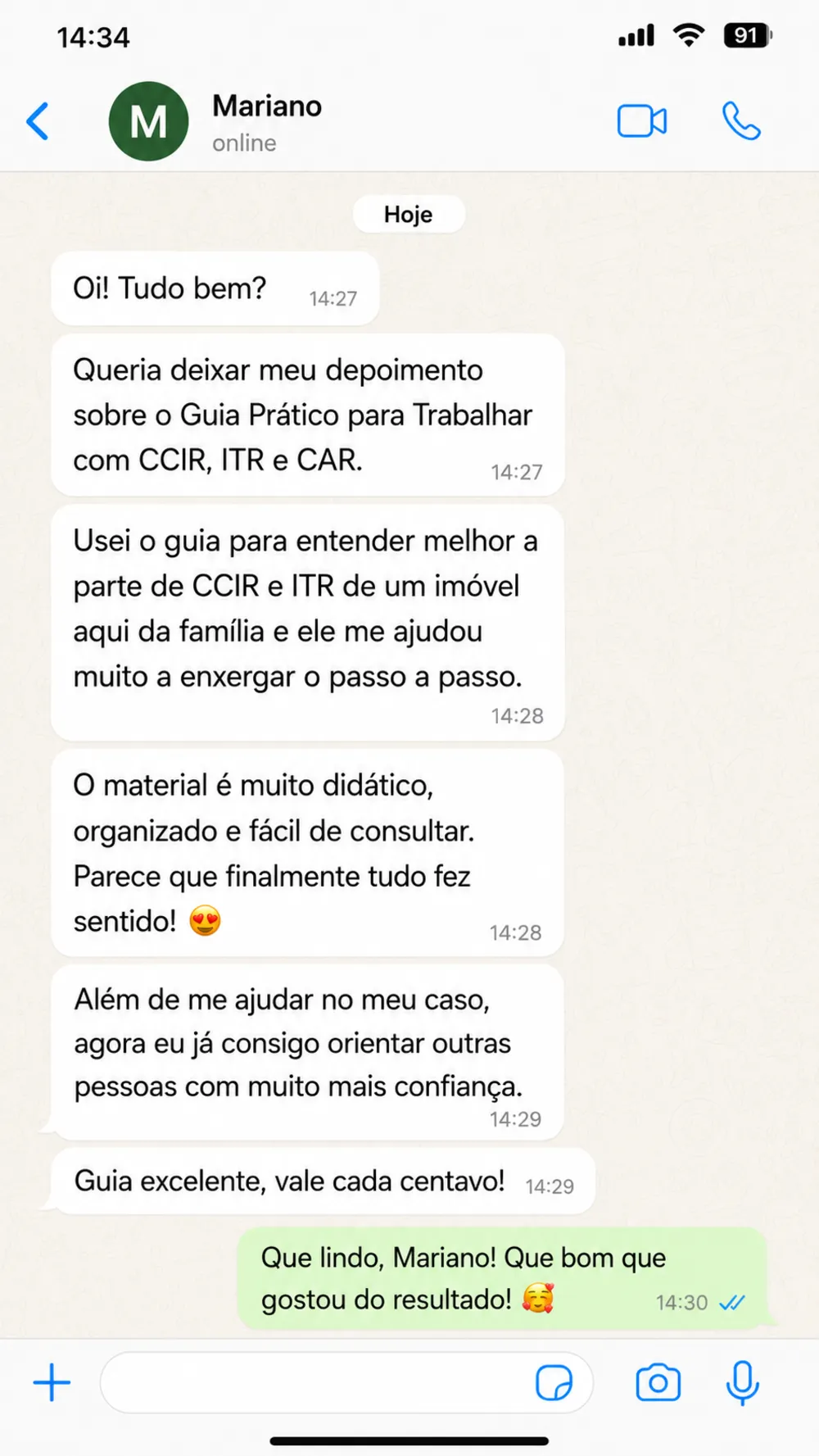 Print de depoimento de Mariano sobre o guia CCIR, ITR e CAR