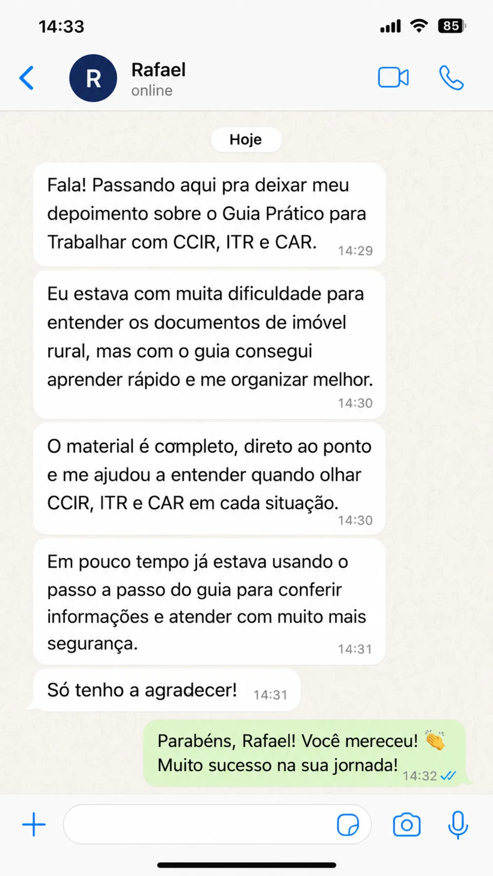Print de depoimento de Rafael sobre o guia CCIR, ITR e CAR