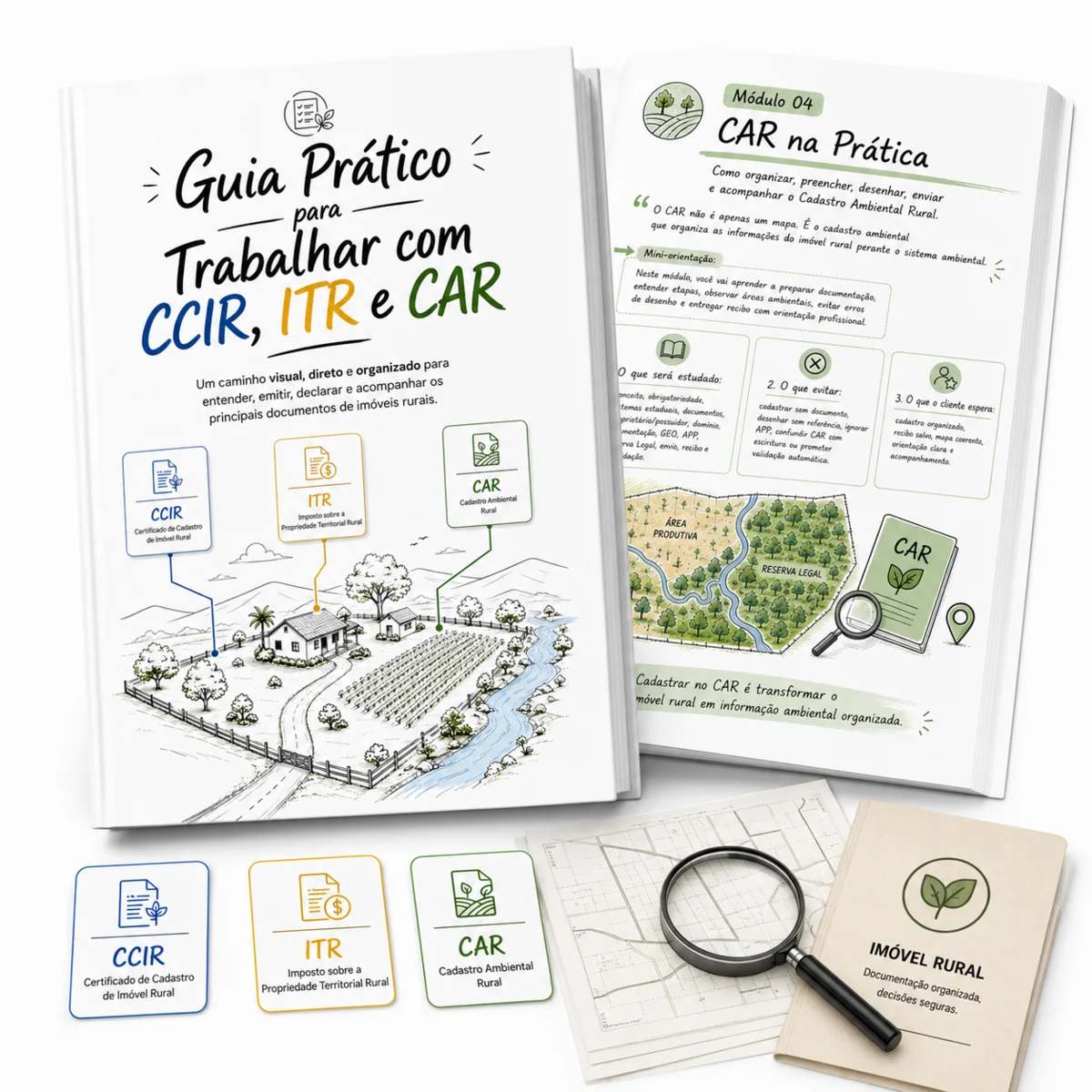 Composição final com o guia, documentos rurais e ilustração de propriedade
