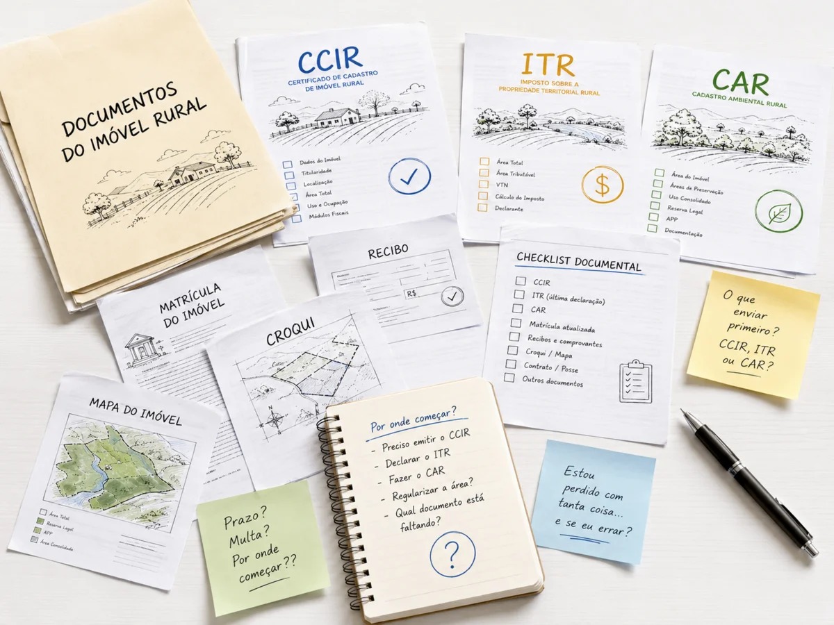 Mesa com documentos rurais confusos: CCIR, ITR, CAR, recibos e croquis
