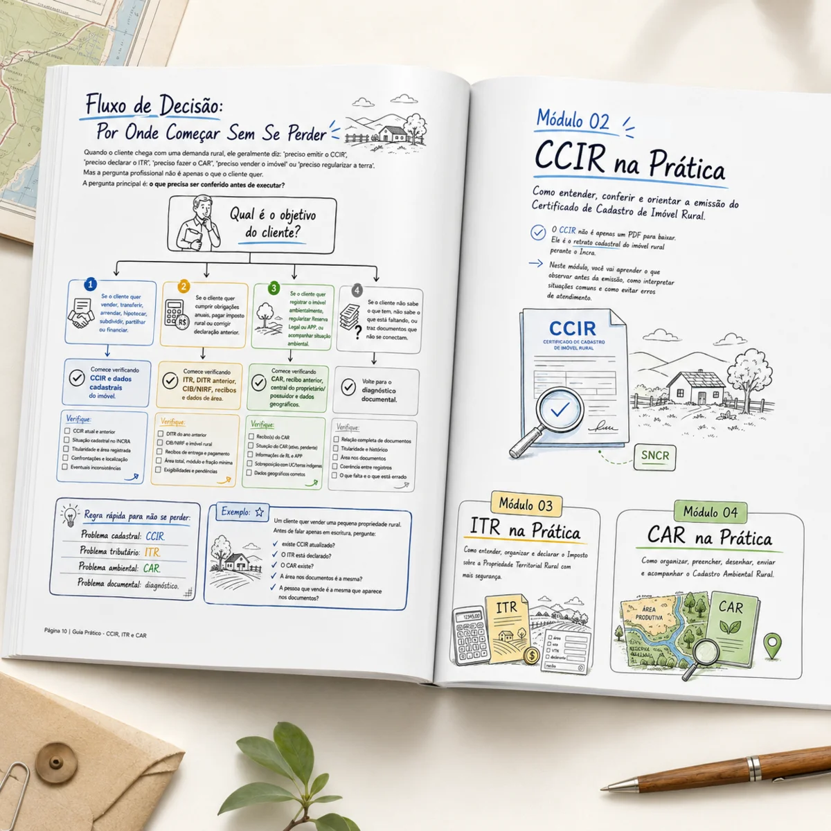Guia aberto mostrando fluxos e checklists para CCIR, ITR e CAR